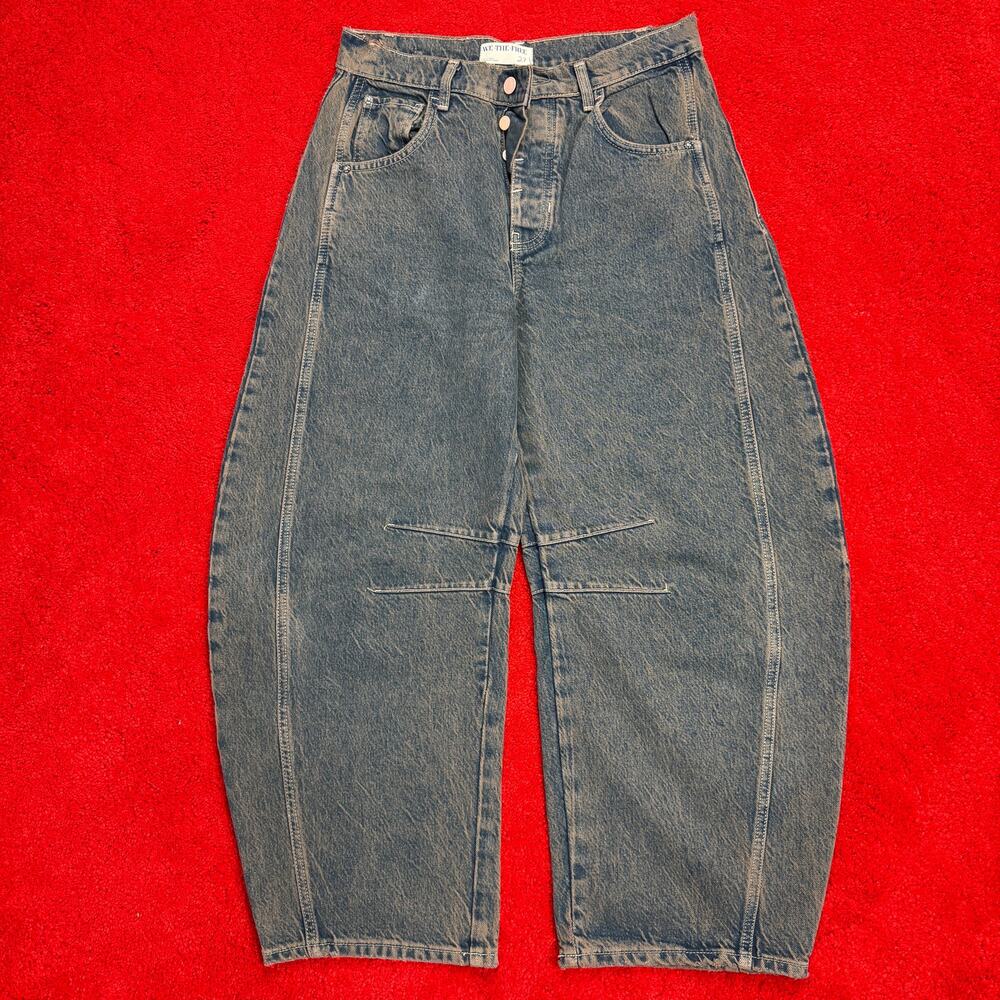 We The Free Good Luck Mid-Rise Barrel Jeans Dark Blue Pink 27